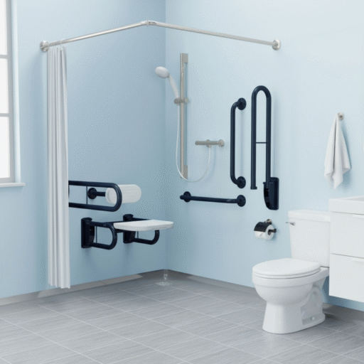 A modern, safe, and accessible wet room with a level floor and shower seat.